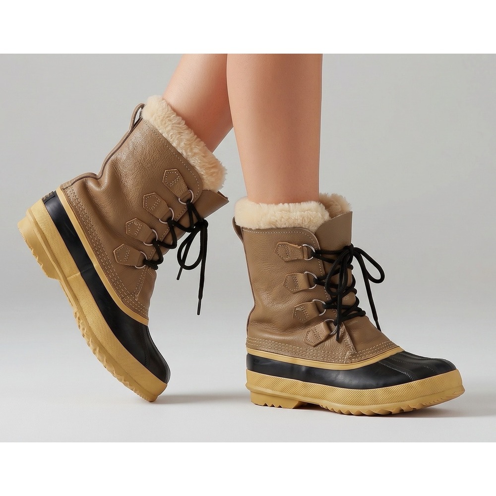 Sorel Caribou Snow Boots Women 9 Tan Leather Waterproof Winter Duck Boots VTG